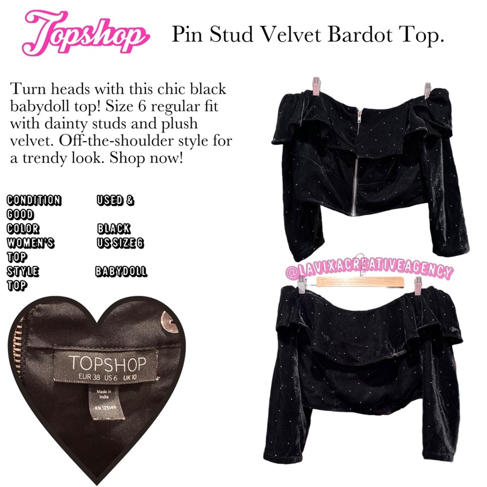 TOPSHOP Pin Stud Velvet Bardot Baby Doll Top.